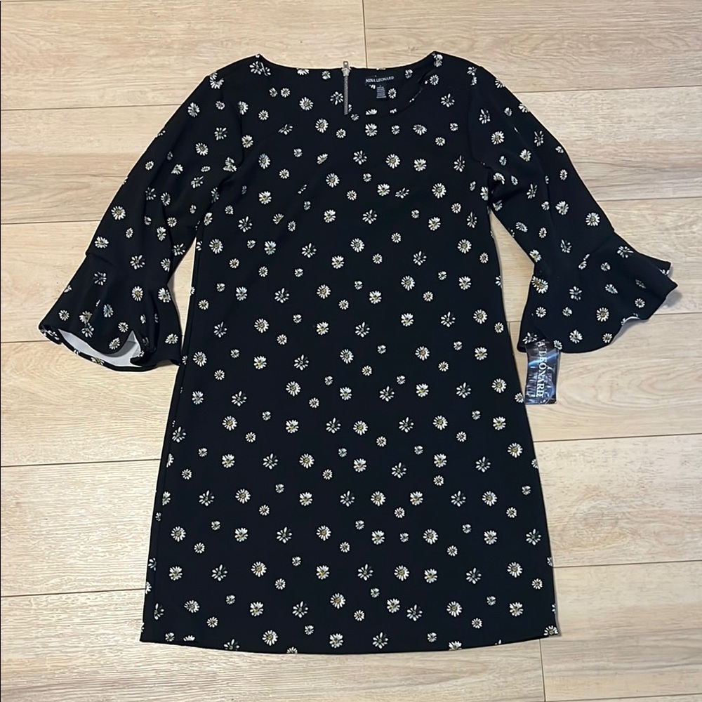 Nina Leonard Black Floral Dress NWT Size Large Sunflower Print Zipper Back